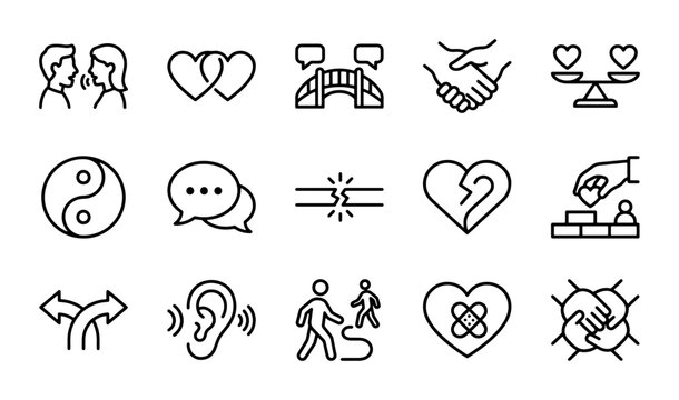 Relationship Icons: Love, Conflict, Resolution, Harmony, Support, Connection, Balance