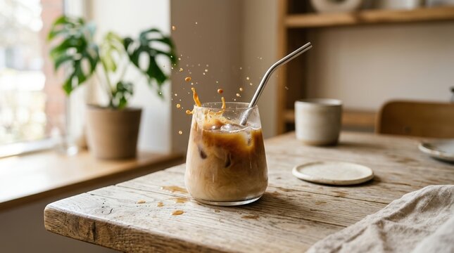 Iced coffee drink with metal straw on wooden table in kitchen