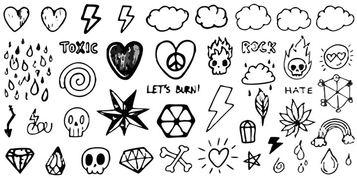 collection of hand drawn punk rock symbols and doodles black on black
