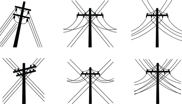 Black and white silhouette illustration of utility poles with electrical wires, insulators, crossarms, infrastructure design variations, energy distribution system