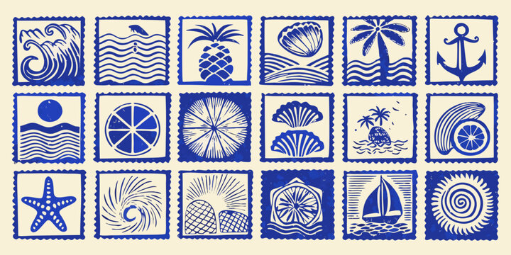 nautical themed stamps collection blue ink illustration on beige