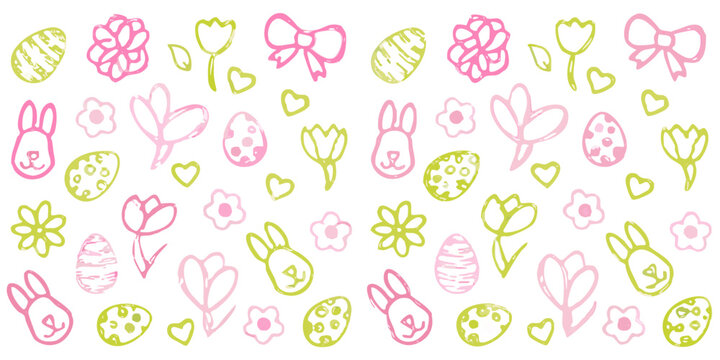 easter pattern with rabbits eggs flowers and hearts pink line art