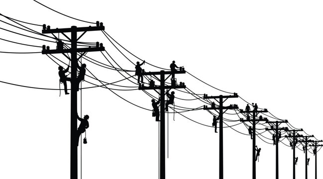Silhouette illustration of multiple utility workers climbing electrical poles with safety harnesses, teamwork, power line maintenance, infrastructure repair design