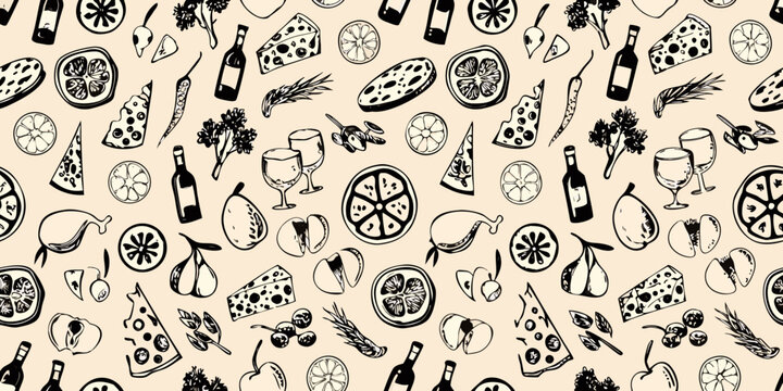 seamless vector pattern of hand drawn italian food and drink