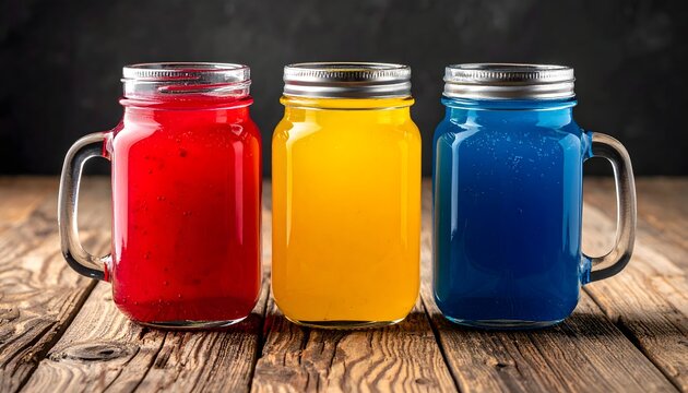 Tres tarros de cristal con bebidas de colores rojo, amarillo y azul sobre mesa de madera en composici&oacute;n colorida