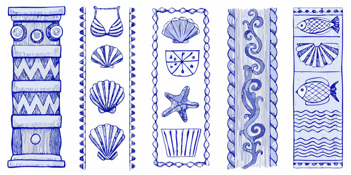 hand drawn coastal themed rectangles with marine life and shells