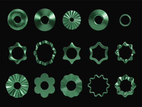 Collection of green metallic washers and gaskets with various shapes and designs  assortment of shiny green metal rings with holes in the center