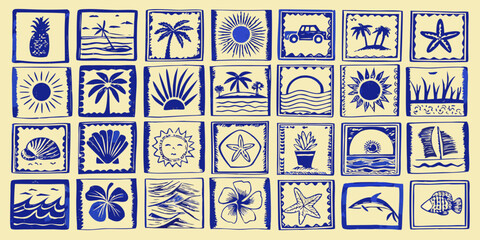 Tropical stamp style illustrations in blue linocut collection of icons © Ajay