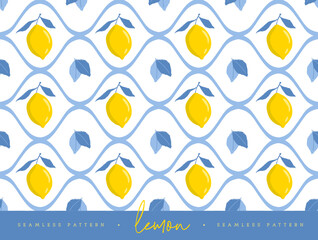 Obraz premium Italy summer seamless pattern with lemon and leaves. Italian tile background. Restaurant menu design. Vector illustration