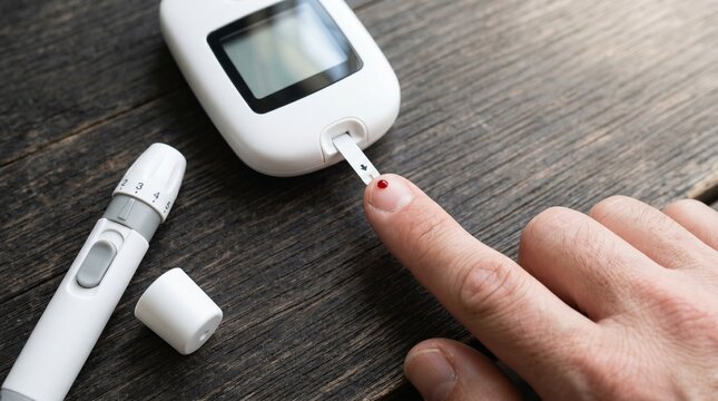 Blood Glucose Monitoring: A close-up shot of a person's finger pricked for a blood glucose test, showcasing the process of health monitoring and blood glucose level management.