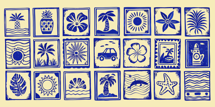 Tropical stamp illustrations in blue linocut style with various motifs