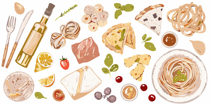 watercolor vector illustration of italian cuisine with pasta and pizza