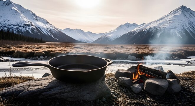 Cast Iron Skillet Campfire Meal Preparation in Snowy Mountains