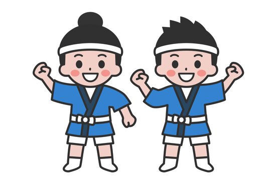 お祭りの法被を着た人物2人、男女