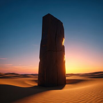 A monolithic stone structure stands firmly planted in the remote desert, emphasizing permanence and unwavering solitude against the sky, landscape, sturdy, solitude