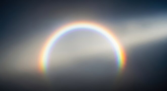 A mysterious, spectral fog bow glowing faintly in thick mist. This white rainbow arc is often called a ghost rainbow, visible only at night, bow, ethereal, beauty