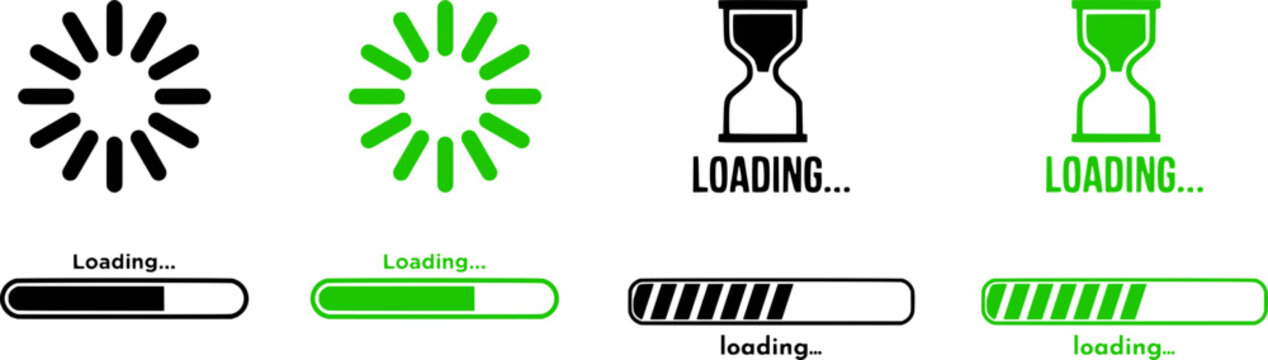 Collection of loading icons and progress bars in various styles and colors on white background.