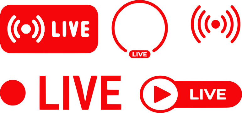 Red live streaming icons and labels for social media, live broadcast symbols, and video transmission graphics on white background.