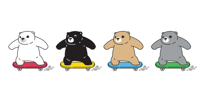 Bear polar cartoon skateboard skating extreme sport icon vector doll character teddy illustration isolated design symbol