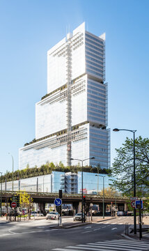 Clichy, France - April 7, 2026: View from Clichy of the Tribunal de Paris (Courthouse of Paris) housed in a 38 storeys, 160 metres high building designed by architect Renzo Piano and achieved in 2017.