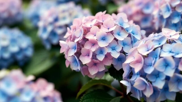 Slow dolly tracking pan shot of hydrangea blossoms shifting focus and gently swaying in outdoor garden bed with pastel pink and blue petals