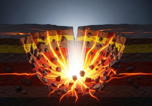 Powerful seismic energy radiating outward beneath thick layers of earth and stone, showing deep geological strata and subterranean movement, deep, fault, seismic