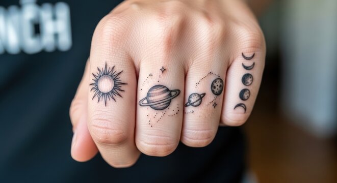 Fingers adorned with celestial body tattoos including sun, planets, and moon phases.