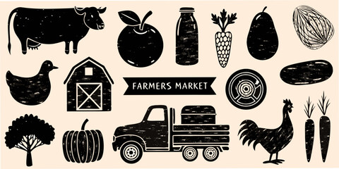 Rustic farm illustrations with cow chicken and produce in black ink © Dipa