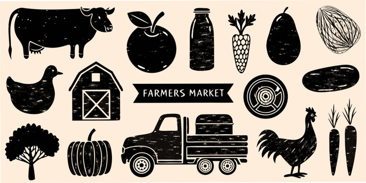 Rustic farm illustrations with cow chicken and produce in black ink