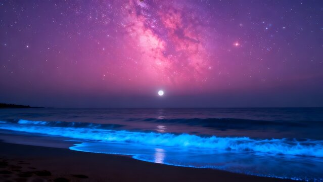 night beach with glowing waves and starry sky