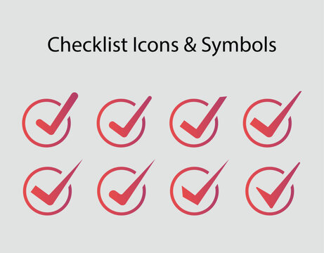 Checklist icons and check mark symbols collection, red tick verification set, approval and validation signs, minimalist UI design elements, modern confirmation icon pack