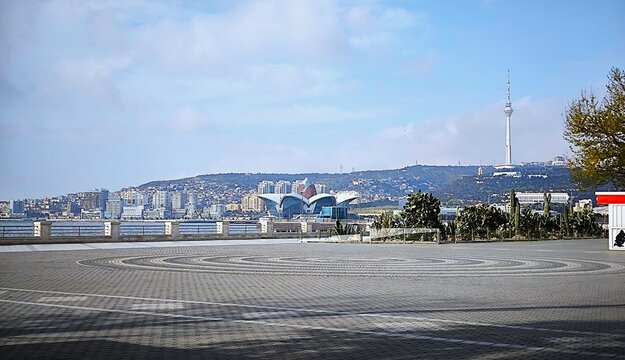Baku, Azerbaijan - April 19, 2026: Panorama of the Baku bay and city skyline. Panoramic view of Baku boulevard with Caspian Sea and city skyline.