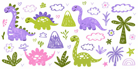 colorful dinosaur illustrations with plants and mountains hand drawn style © Dipa