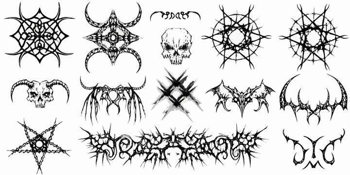 dark fantasy metal band logo sketches black ink on white background