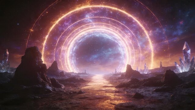 Alien landscape with glowing portal