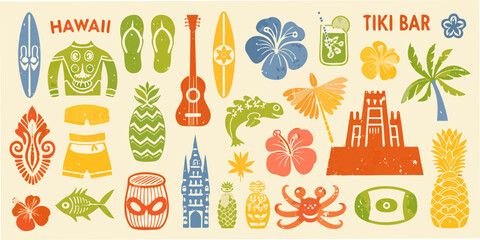 Hawaiian tiki bar themed vector illustrations with tropical motifs © Dipa
