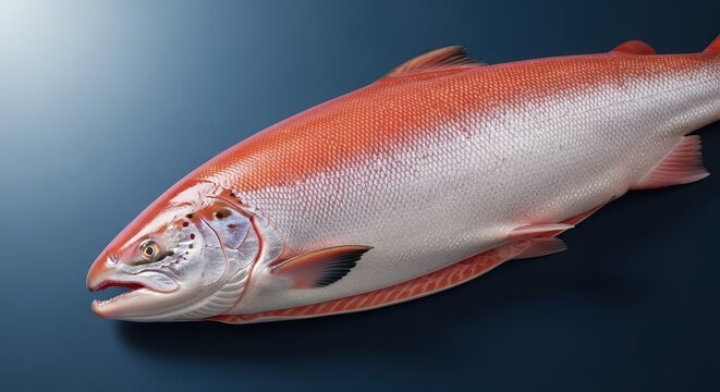 Whole freshly caught wild ocean salmon displayed emphasizing rich color, healthy omega three fatty acids, and natural source of lean protein, skin, saltwater, diet