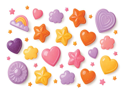 Colorful candy shapes including hearts stars clouds and a rainbow on white background for kids
