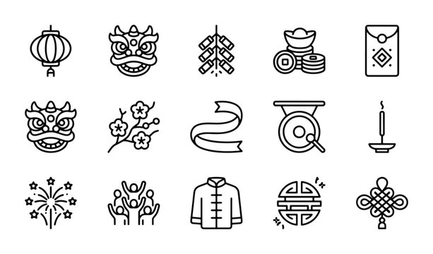 Chinese New Year Icons Set: Festive Decorations, Lion Dance, Lanterns, Firecrackers, Red Envelopes