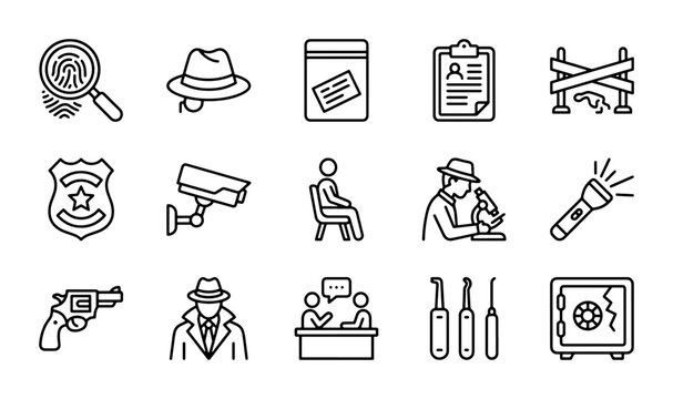 Detective Icons Set, Crime Investigation Vector Graphics, Security & Law Enforcement Symbols