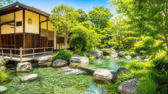 Traditional Japanese Garden with Pond and Wooden House in Summer Sunlight