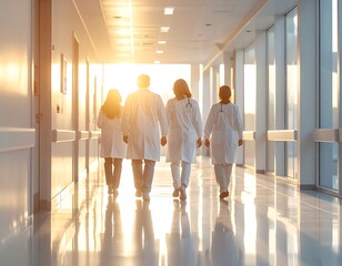 Fototapeta premium Medical professionals walking down a bright hospital corridor (307)