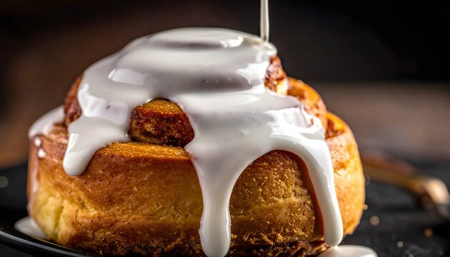 Bollo dulce glaseado con crema blanca cayendo sobre masa dorada en primer plano gastron&oacute;mico sobre fondo oscuro