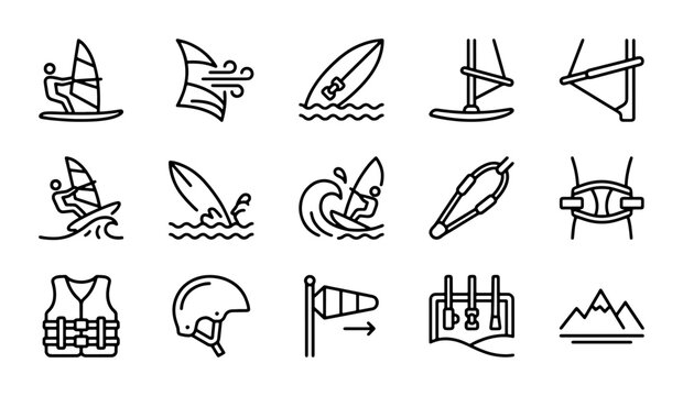 Windsurfing and Kitesurfing Icons Set: Water Sports Equipment, Gear, and Elements Vector Collection