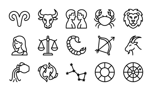 Zodiac Icons Set: Astrology Symbols, Horoscope Signs, Celestial Constellations, Cosmic Charts