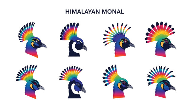 Himalayan Monal Vector Icons, Rainbow Pheasant Flat Design, Exotic Metallic Bird Illustrations, Minimalist Colorful Himalayan Wildlife Graphic Icon Set