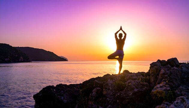 Silueta de una persona practicando yoga junto al mar al atardecer con cielo colorido y ambiente tranquilo