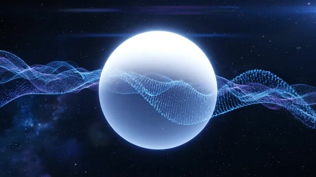 Abstract futuristic glowing sphere in space with swirling particle wave energy, science technology visualization