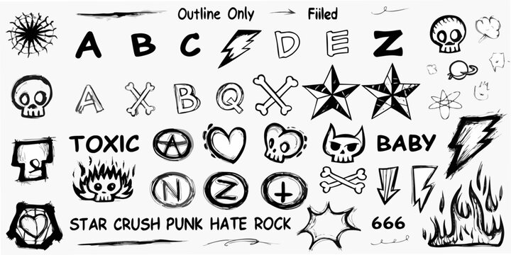 Hand Drawn Punk Rock Alphabet and Graphic Elements Collection