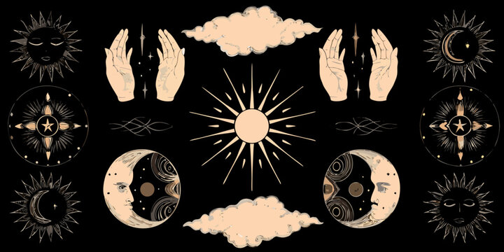 Celestial symbols and hands illustration vintage style on black background